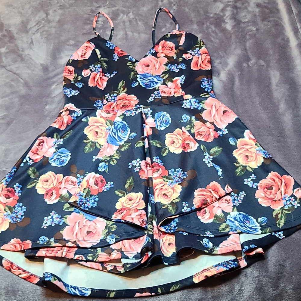 Navy Blue-Floral Skirt Romper
